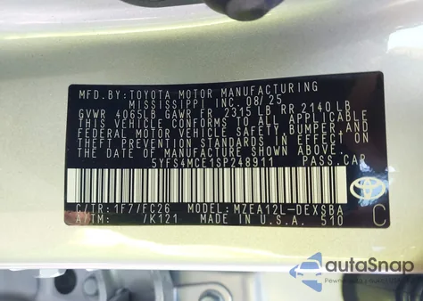 2025 Toyota Corolla Se z USA, uszkodzony, nr VIN 5YFS4MCE1SP248911